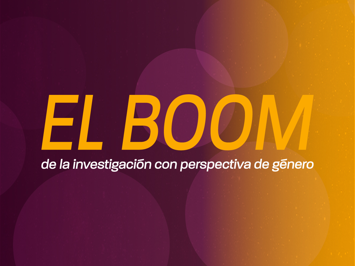 Texto El Boom de la investigación con perspectiva de género sobre un fondo degradado de violeta y amarillo
